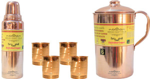 Indian Craft Villa Handmade Pure Copper 1 Jug Pitcher Capacity 2.1 Liter 4 Glass Cup Goblet Capacity 300 ML 1 Bisleri Water Bottle Capacity 700 ML for Storage Water Good Health Benefits Yoga, Ayurveda Home Decorate Kitchen Dinning Ware Travel Bottle Gift Item Combo Set Water Jug Set