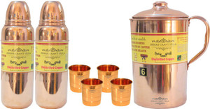 Indian Craft Villa Handmade Best Quality 100% Pure Copper 1 Jug Pitcher Capacity 2.1 Liter 4 Glass Cup Goblet Capacity 300 ML 2 Water Bottle Capacity 700 ML for Storage Water Good Health Benefits Yoga, Ayurveda Home Decorate Kitchen Dinning Ware Travel Bottle Gift Item Combo Set Water Jug Set