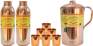 Indian Craft Villa Handmade Copper 1 Jug Pitcher Capacity 2.1 Liter 6 Glass Cup Goblet Capacity 300 ML 2 Water Bottle Capacity 700 ML for Storage Water Good Health Benefits Yoga, Ayurveda Home Decorate Kitchen Dinning Ware Travel Bottle Gift Item Water Jug Set