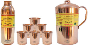 Indian Craft Villa Copper 1 Jug Pitcher Capacity 2.1 Liter 6 Glass Cup Goblet With Lid Capacity 300 ML 1 Water Bottle Capacity 700 ML for Storage Water Good Health Benefits Yoga, Ayurveda Home Decorate Kitchen Dinning Ware Travel Bottle Gift Item Combo Set Water Jug Set