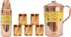 Indian Craft Villa Handmade Pure Copper 1 Jug Pitcher Capacity 2.1 Liter 5 Glass Cup Goblet Capacity 300 ML 1 Water Bottle Capacity 700 ML for Storage Water Good Health Benefits Yoga, Ayurveda Home Decorate Kitchen Dinning Ware Travel Bottle Gift Item Water Jug Set