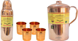 Indian Craft Villa Handmade Pure Copper 1 Jug Pitcher Capacity 2.1 Liter 4 Glass Cup Goblet Capacity 300 ML 1 Water Bottle Capacity 700 ML for Storage Water Good Health Benefits Yoga, Ayurveda Home Decorate Kitchen Dinning Ware Travel Bottle Gift Item Combo Set Water Jug Set