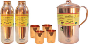 Indian Craft Villa Copper 1 Jug Pitcher Capacity 2.1 Liter 4 Glass Cup Goblet Capacity 300 ML 2 Water Bottle Capacity 700 ML for Storage Water Good Health Benefits Yoga, Ayurveda Home Decorate Kitchen Dinning Ware Travel Bottle Gift Item Combo Set Water Jug Set