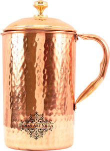 IndianArtVilla Hammered Pitcher with Brass Designer Lid Water Jug