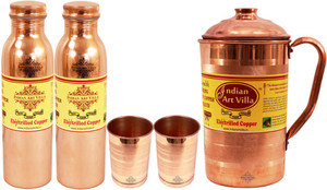 IndianArtVilla Copper Set of 1 Jug with 2 Glass & 2 Leak Proof Bottle Water Jug