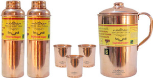 Indian Craft Villa Handmade Best Quality 100% Pure Copper 1 Jug Pitcher Capacity 2.1 Liter 3 Glass Cup Goblet With Lid Capacity 300 ML 2 Water Bottle Capacity 700 ML for Storage Water Good Health Benefits Yoga, Ayurveda Home Decorate Kitchen Dinning Ware Travel Bottle Gift Item Combo Set Water Jug Set