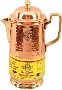 IndianArtVilla Copper Hammered Water Jug with Brass Handle and Stand Water Jug