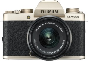fujifilm x series x-t100 mirrorless camera body with xc 15 - 45 mm lens f3.5 - 5.6 ois pz(gold, black)