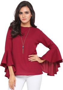 serein party bell sleeve solid women maroon top