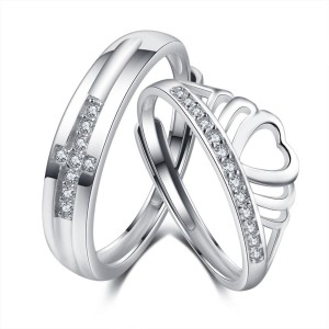 MYKI Stylish Silver Couple Ring Stainless Steel Swarovski Crystal Sterling Silver Plated Ring Set