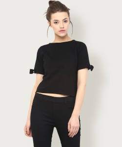 miss chase casual half sleeve solid women black top