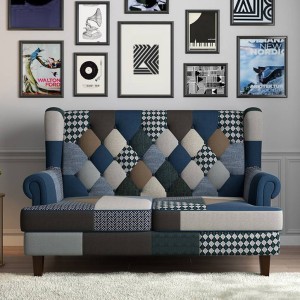 urban ladder minnelli loveseat fabric 2 seater  sofa(finish color - indigo patch work)
