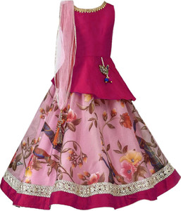 jay ramdev Girls Lehenga Choli Party Wear Self Design Lehenga
