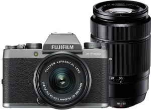 fujifilm x series x-t100 mirrorless camera dual kit with 15-45mm + 50-230mm lens kit(silver, black)