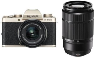fujifilm x series x-t100 mirrorless camera dual kit with 15-45mm + 50-230mm lens kit(gold, black)