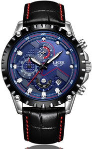 Lige Chronograph Japanese Quartz Genuine Leather Black Strap Blue