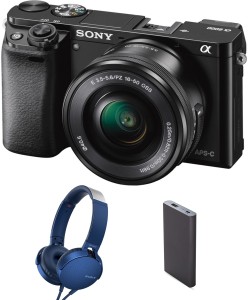 sony ilce-6000l (with headphone & powerbank) mirrorless camera body with single lens: 16-50mm lens(black)