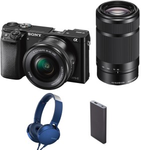 sony alpha ilce-6000y (with headphone & powerbank) mirrorless camera body with dual lens : 16-50 mm & 55-210 mm(black)