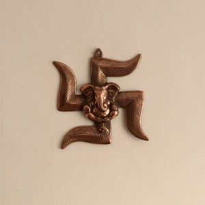 ecraftindia lord ganesha on swastik metal wall hanging decorative showpiece  -  24 cm(aluminium, brown)