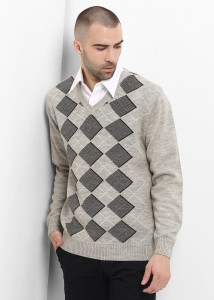 Sweven Checkered V Neck Casual Men Beige Sweater