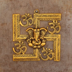 eCraftIndia Lord Ganesha on Om Swastik Metal Golden Wall Hanging Decorative Showpiece  -  23 cm