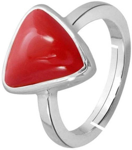 SHYAMKRIPA GEMS RED CORAL NATURAL MUNGA RING SILVER PLATED MOONGA