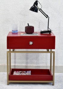 SamDecors Solid Wood One Drawer with Tray at Bottom Eve Side/Bedside Table Red with Golden Finish Iron Frame Solid Wood Side Table