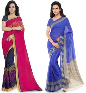 anand sarees printed fashion faux georgette saree(pack of 2, blue, pink) COMBO_1190_1_1168_1