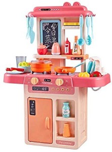 Wisairt Play Kitchen Set for Kids, 3ft Tall Kids Play Kitchen with Realistic Lights and Sounds, Simulation of Spray, 88pcs Toy Kitchen Set for