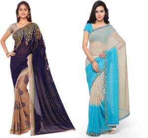 kashvi sarees printed fashion faux georgette saree(pack of 2, beige, blue) COMBO_1108_1_1194_2