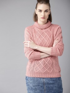 Roadster Self Design Turtle Neck Casual Women Pink Sweater