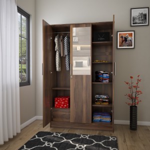 flipkart perfect homes julian engineered wood 3 door wardrobe(finish color - walnut, mirror included)