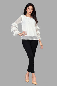 Zara Creation Casual Layered Sleeve Self Design Women White Top
