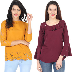 IQRA FASHION Casual Regular Sleeve Bell Sleeve Embellished Laser Cut Women Maroon Yellow Top Buy IQRA FASHION Casual Regular Sleeve Bell Sleeve