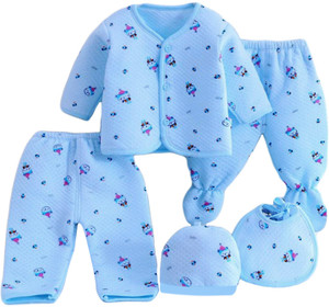 PIKIPOO Presents New Born Baby Winter Wear Keep warm Cartoon Printing Baby Clothes 5Pcs Sets Cotton Baby Boys Girls Unisex Baby Fleece Falalen Suit Infant Clothes First Gift For New Baby.Blue