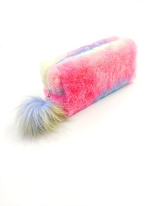 Fluffy Rainbow Faux Fur Pencil Bag with Super Soft Pom Pom