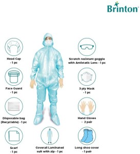 Brinton Medical Disposable PPE (Personal Protection Equipment) Kit, Coveralls with Zipper & Elastic Waist, Hand Gloves, Head Cap, Goggle, Face  Guard