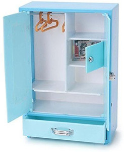 shopviashipping Princess Storewell skyblue Colour 2 Openable Door Princess Wardrobe 1 Drawers Barbie Play Wardrobe with Toy Hangers notes Almirah