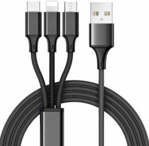 NK Sunshine High Quality 1.5M Nylon Braided 3 in 1 Fast Charging Cable Type-C+Micro USB+Lightning Data Cable 1.5 m Power Cord(Compatible with Moblie, Tablet, Multicolor)
