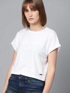 Roadster Solid Women Round Neck White T-Shirt