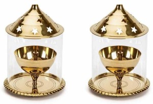 Puja N Pujari Brass Akhand Diya Lamp with Glass Cover Brass, Glass (Pack of 2) Table Diya Set