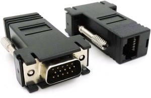 ATEKT VGA Extender to CAT5 CAT6 RJ45 Cable Adapter, VGA 15 Pin Male to Rj45 Female Jack Coupler Adapter (pack of 2) 0 m VGA Cable(Compatible with VGA to LAN extender, Black, One Cable)