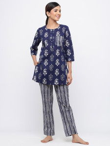 Jaipur Kurti Women Printed Blue Night Suit Set Price in India Buy Jaipur Kurti Women Printed Blue Night Suit Set at Flipkart Night Suit Set