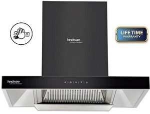 Hindware Alicia Plus 75 Cm wall mounted chimney for kitchen Auto Clean With Motion Sensor Control Black Hood 1200 M3 Hr With Free Installation kit SS Baffle Filter Touch Control Lifetime Warranty Auto