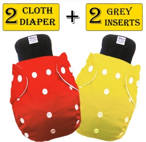 BABYMOON (Pack of 2) Free Size Reusable 2 Cloth Diaper With 2 Grey Insert - Pack Of 4