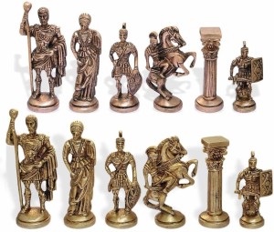 Brass Romans Vs Barbarians Chessmen & Leatherette Cabinet Chess Set Green (Metal Pieces) - Fancy Chess