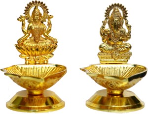 Chhariya Crafts Metal Lord Laxmi Ganesh Diya Deepak For Home And Office Temple Gift Item Aluminium (Pack of 2) Table Diya Set