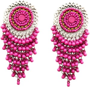 The Triple Squared Glass Beaded Earrings in Maroon with Pink Beads  Cippele