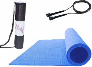 Roseate Yoga Mat 4 MM Large with Free Skipping Rope & Carrying Bag Blue Color 4 mm Yoga Mat