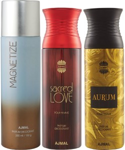 Ajmal 1 Magnetize , 1 Sacred Love and 1 Aurum Deodorants for Unisex each 200ML Pack of 3+4 Parfum Testers Deodorant Spray  -  For Men & Women